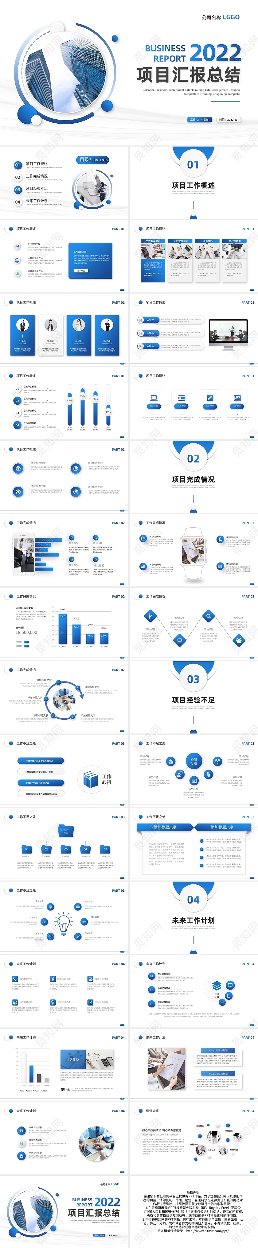 蓝色简约项目汇报总结PPT模板宣传PPT动态PPT