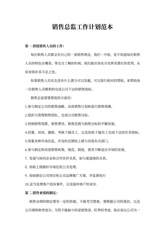销售总监工作计划范本