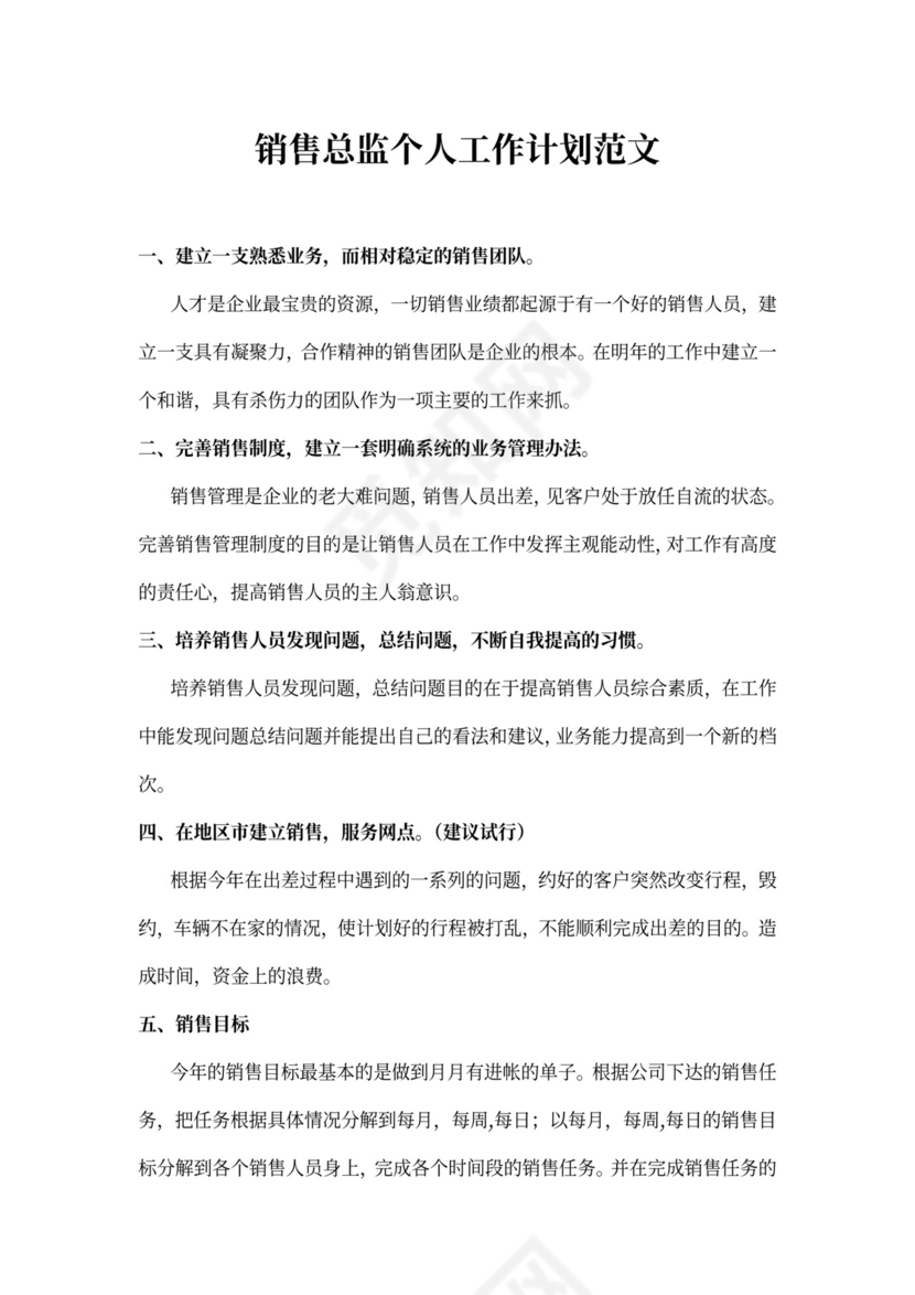 销售总监个人工作计划范文