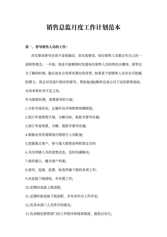 销售总监月度工作计划