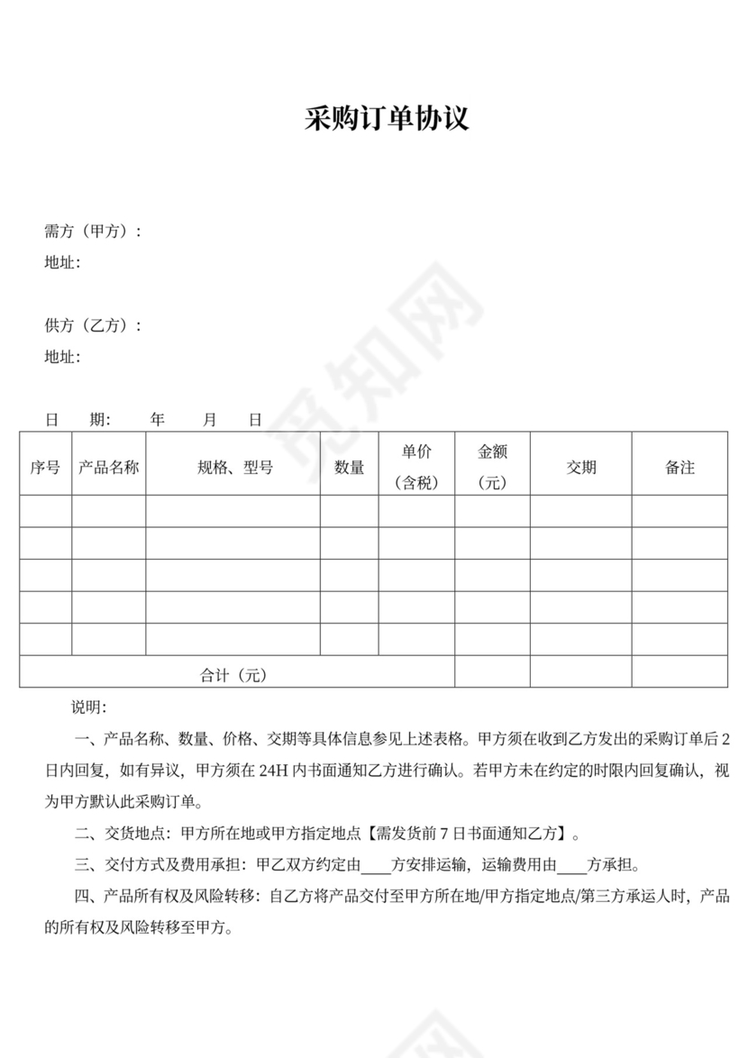 采购订单协议模板