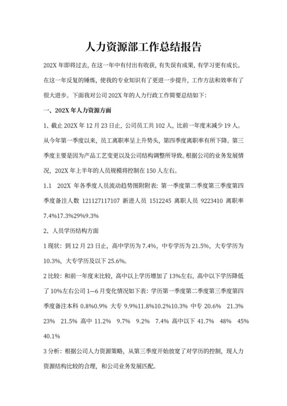 人力资源部工作总结报告