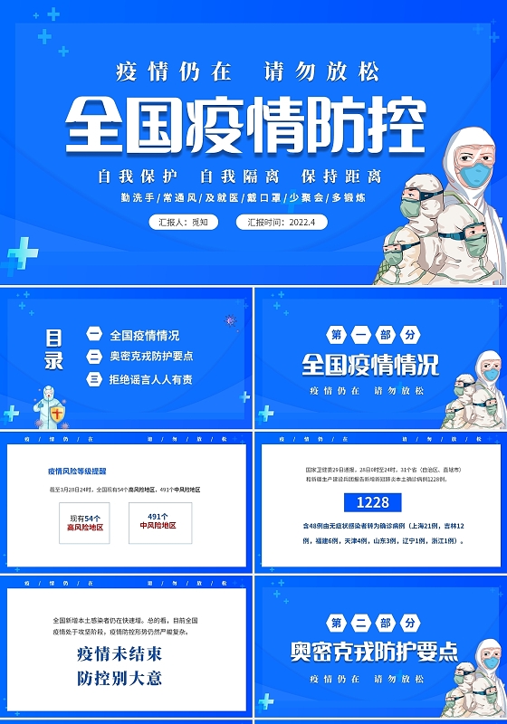 蓝色简约医疗风疫情仍在请勿放松全国疫情防控汇报PPT