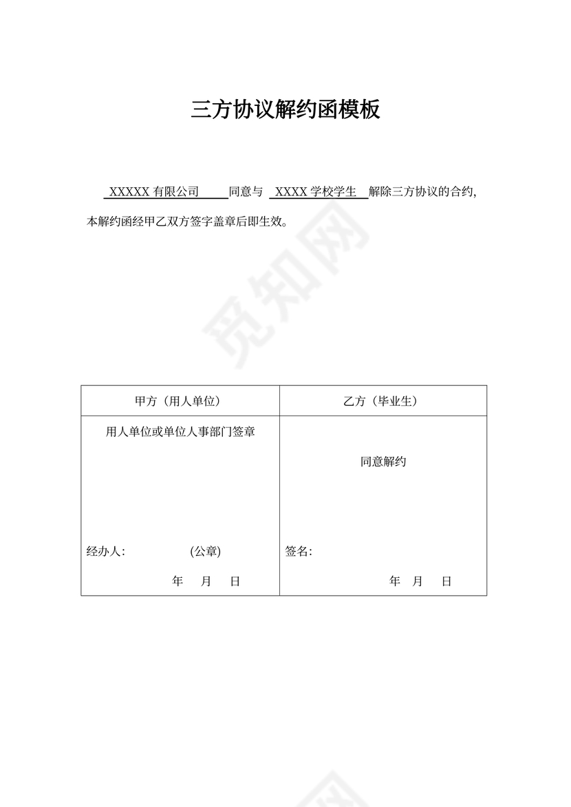 三方协议解约函模板