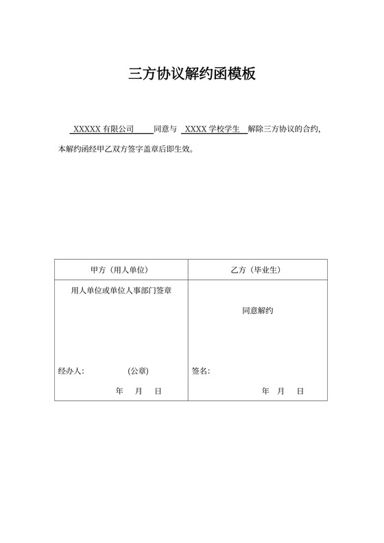 三方协议解约函模板