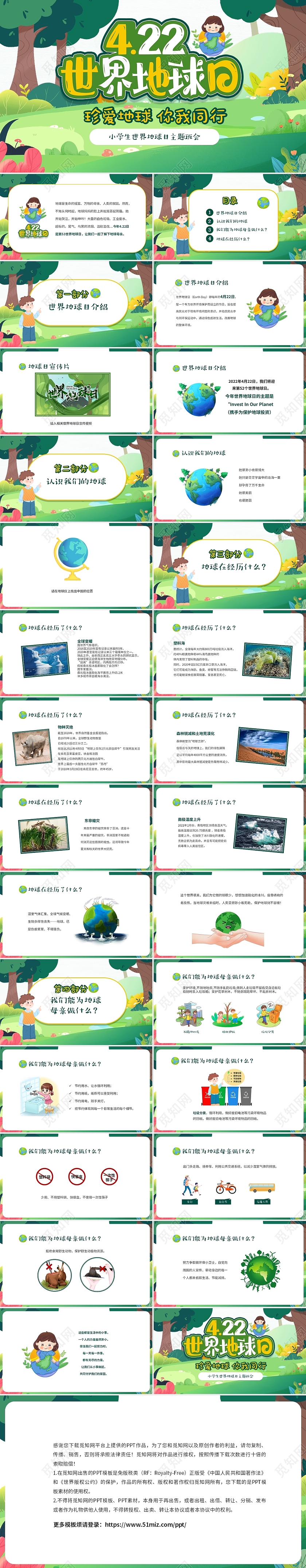 绿色清新卡通儿童中小学珍爱地球你我同行422日世界地球日小学生世界地球日