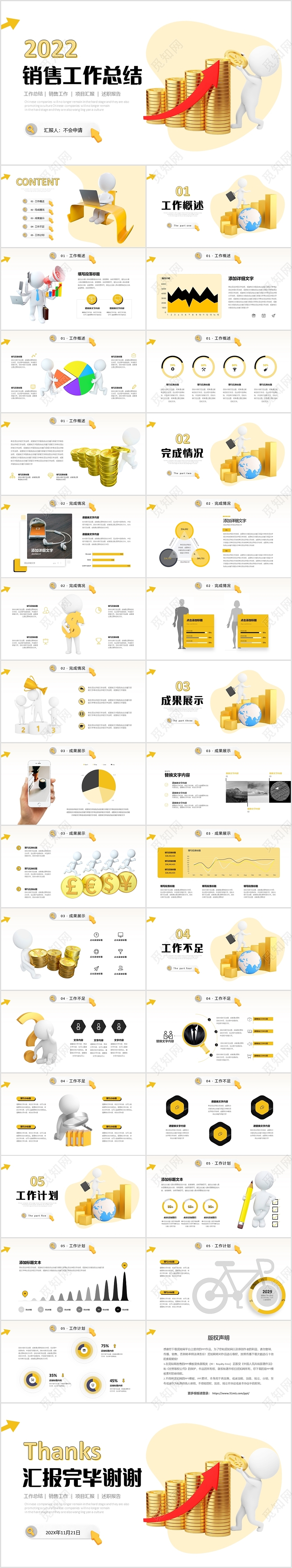黄色3D立体商务小人销售工作总结项目汇报PPT