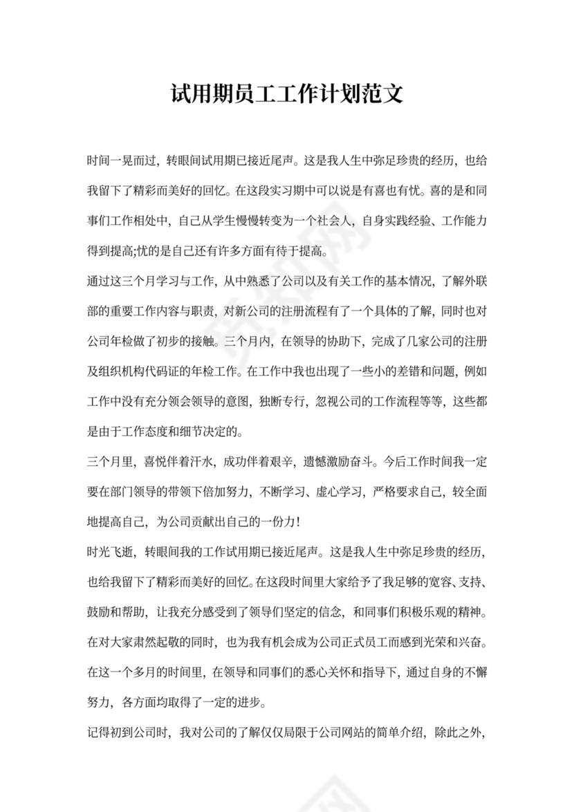 试用期员工工作计划范文