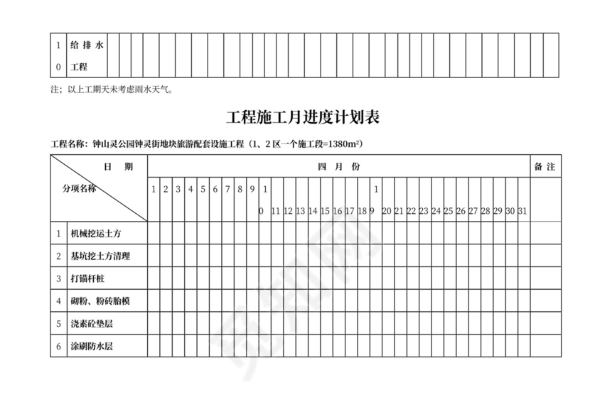 工程施工月进度计划表