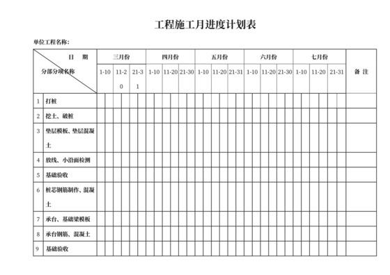 工程施工月进度计划表word模板