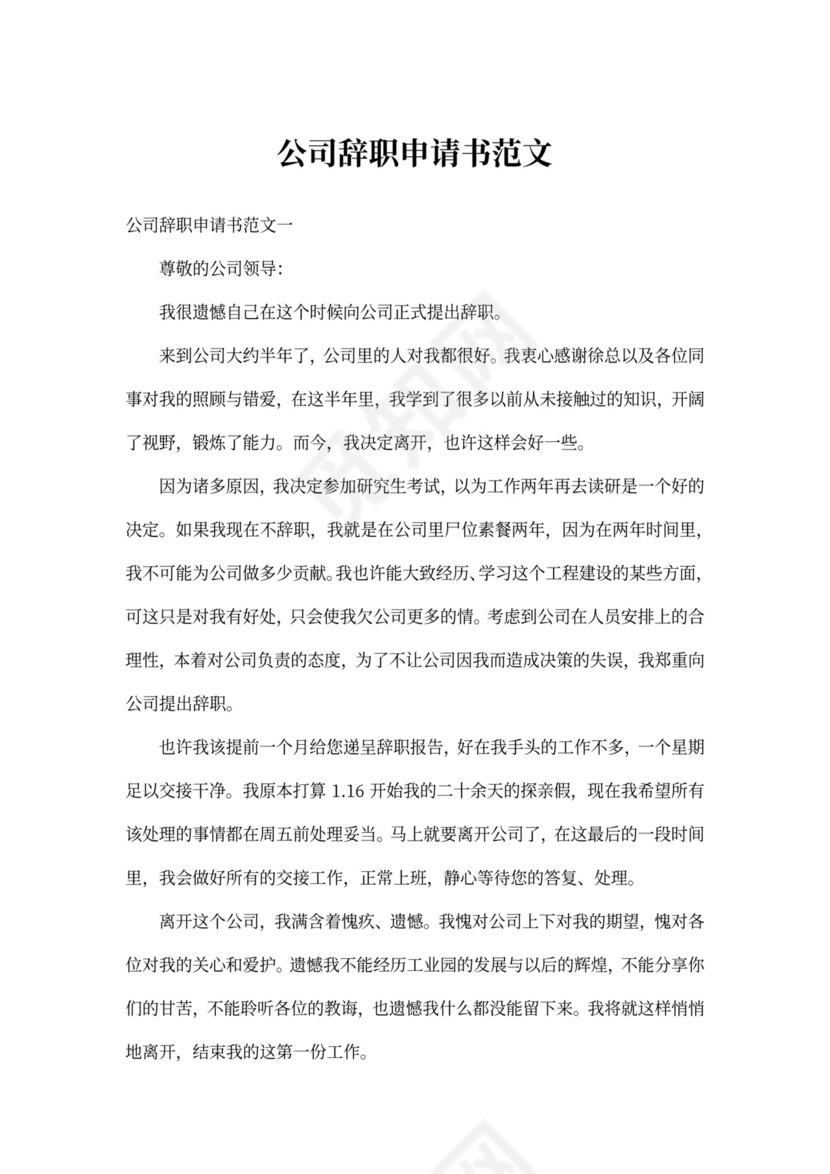 公司辞职申请书范文