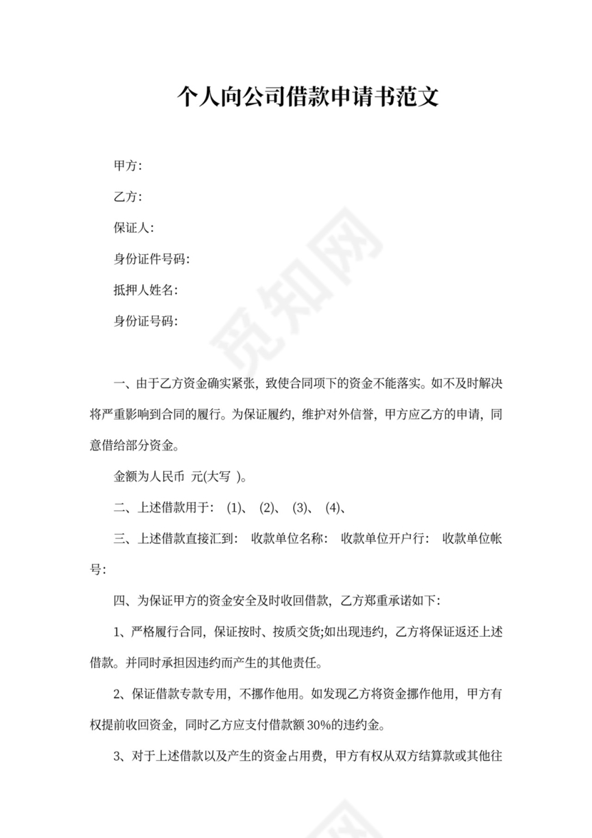 个人向公司借款申请书范文精选