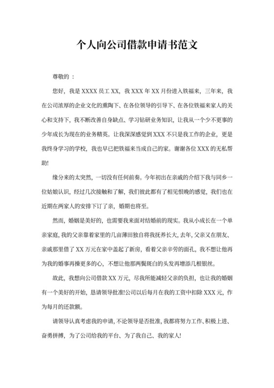 个人向公司借款申请书范文精选