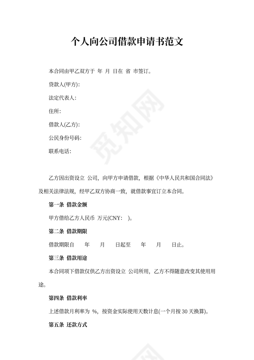 个人向公司借款申请书范文精选