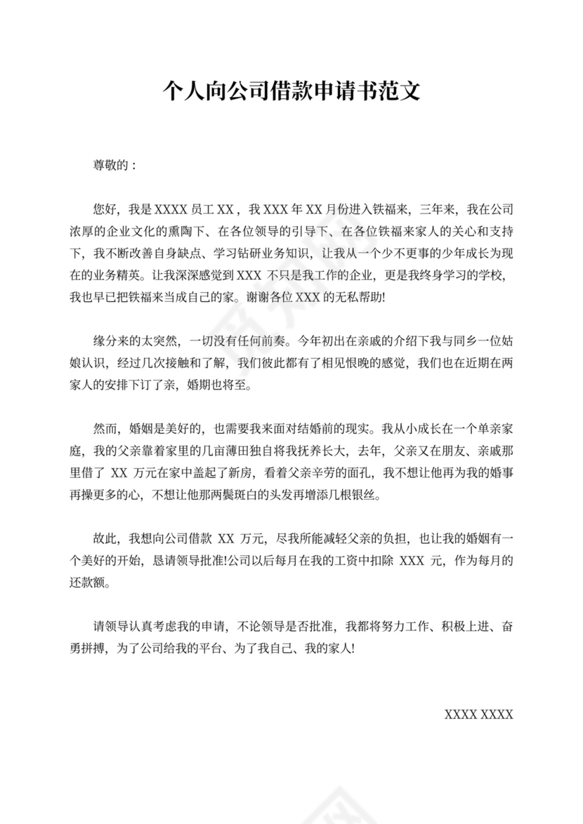 个人向公司借款申请书范文精选版