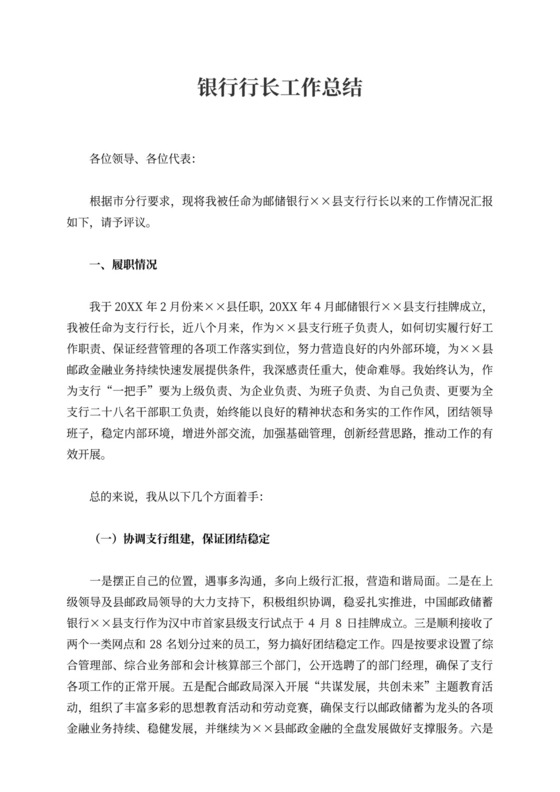 银行行长工作总结标准版