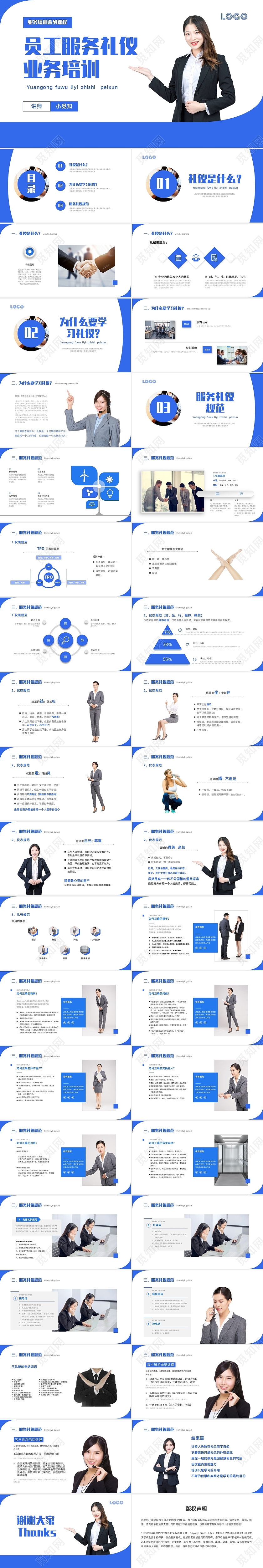 蓝色简约风员工服务礼仪培训PPT课件