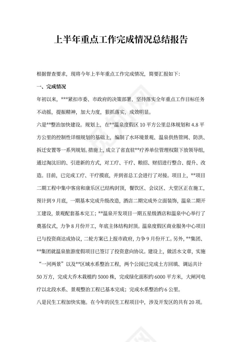 上半年重点工作完成情况总结报告