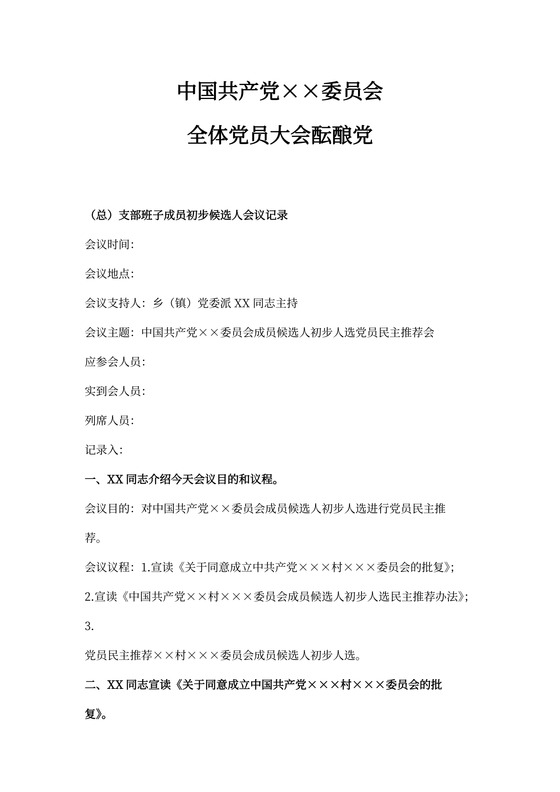 班子成员初步候选人会议记录