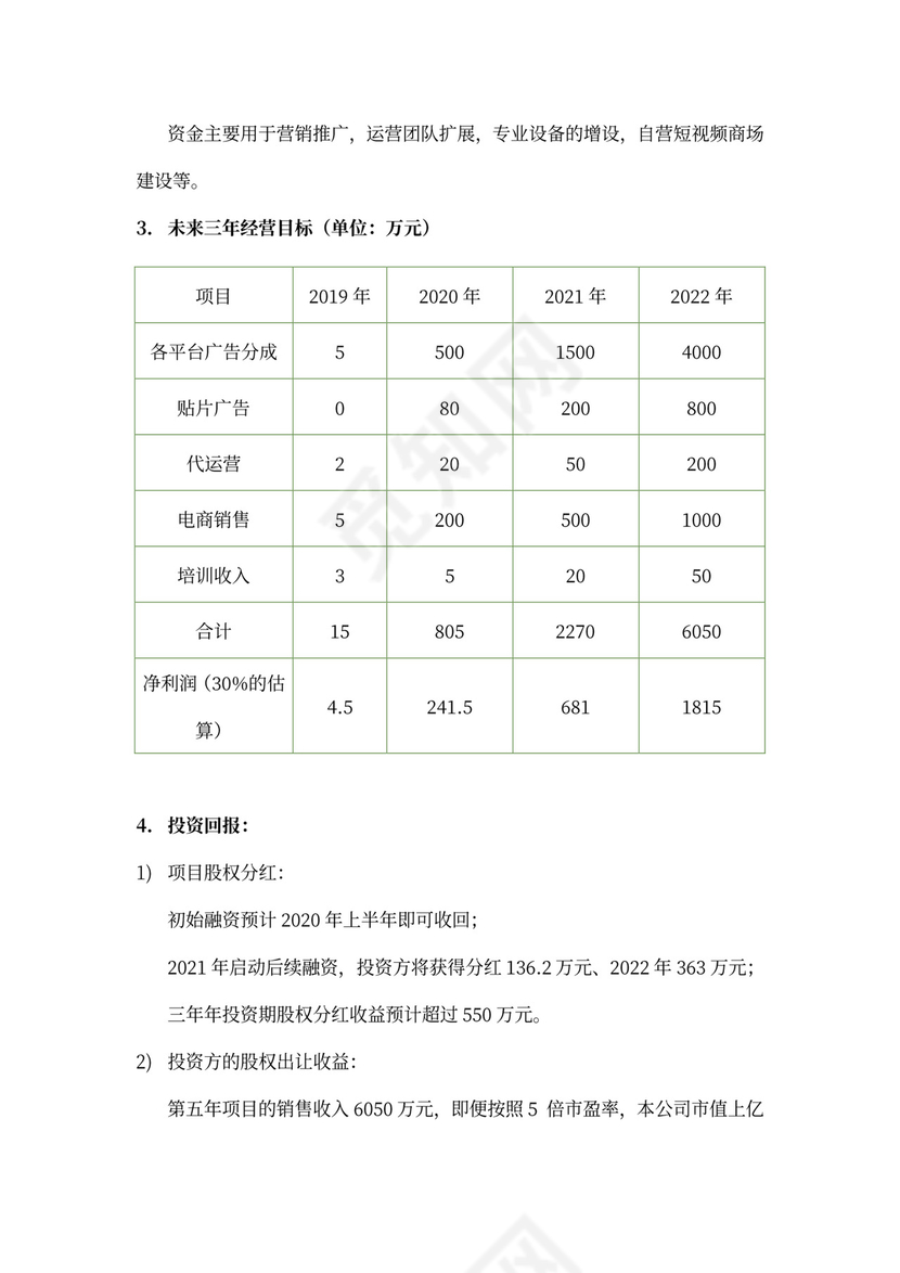 短视频及电商运营项目融资商业计划书
