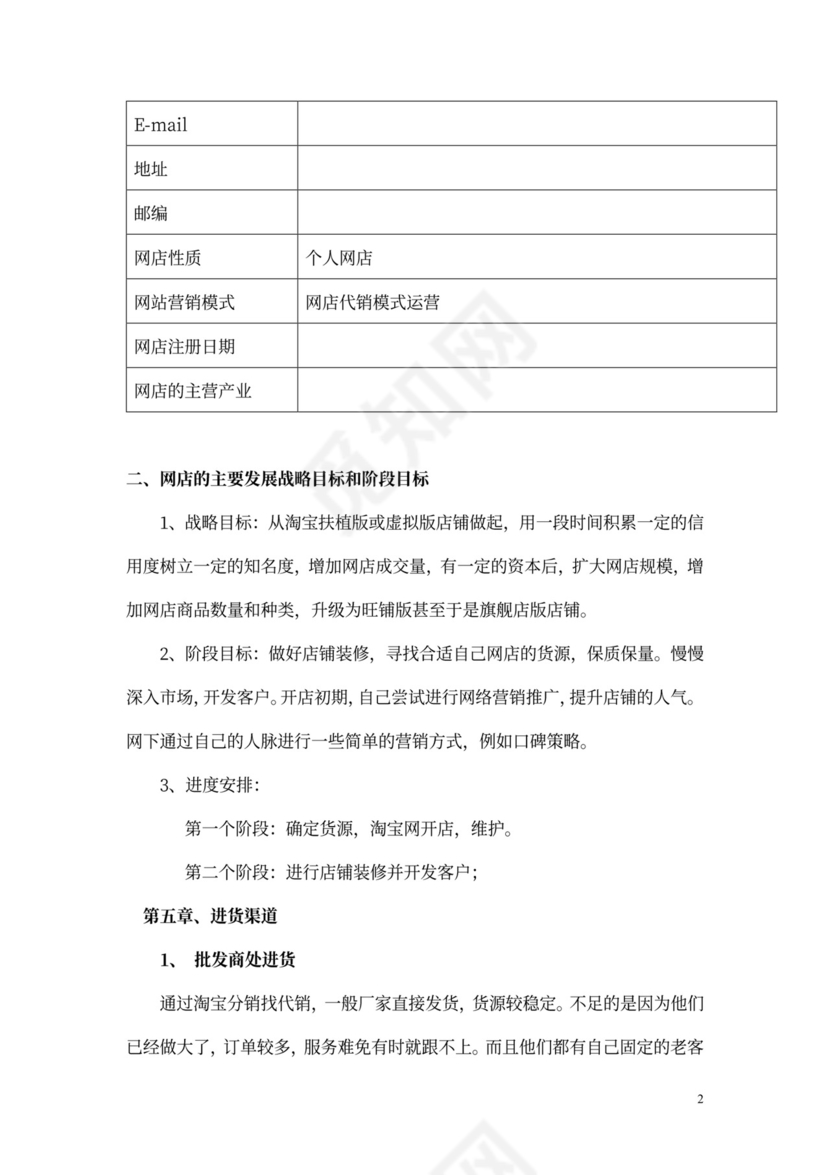 个人网店创业计划书