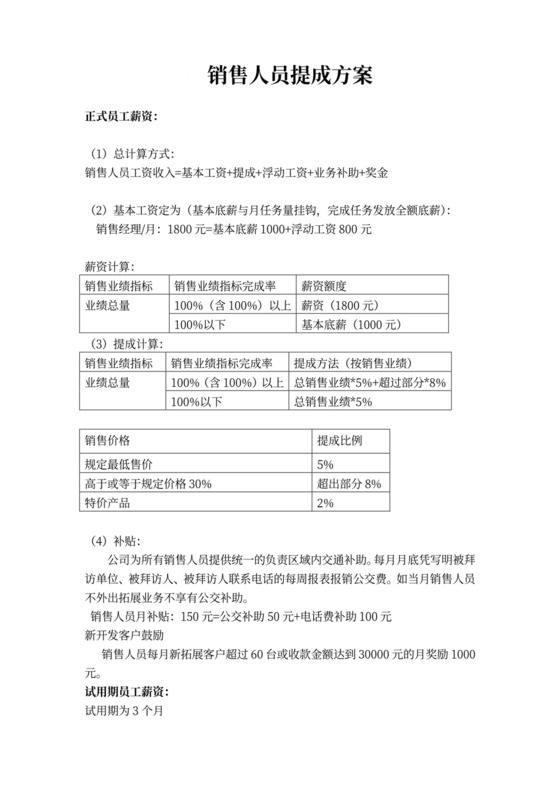 销售人员提成方案