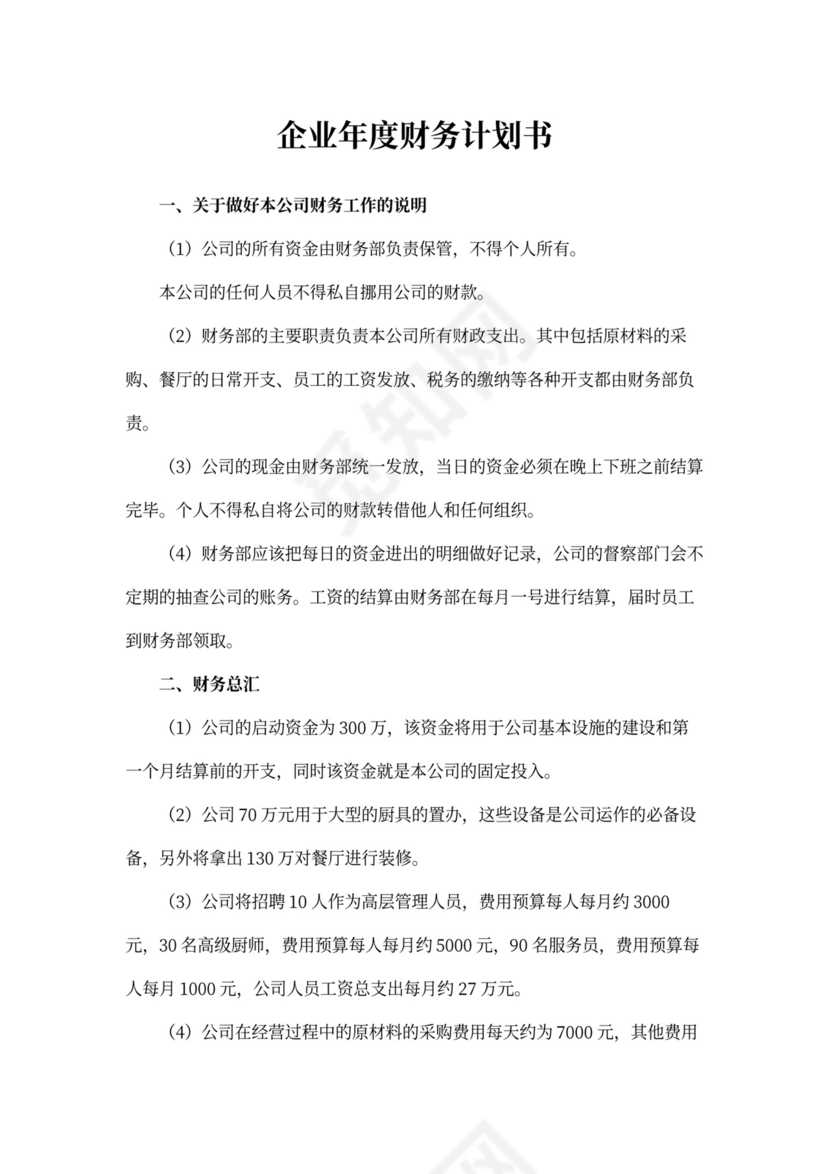 企业年度财务计划书