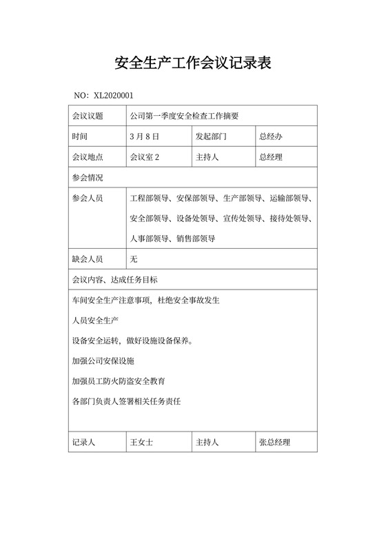 安全工作例会会议记录