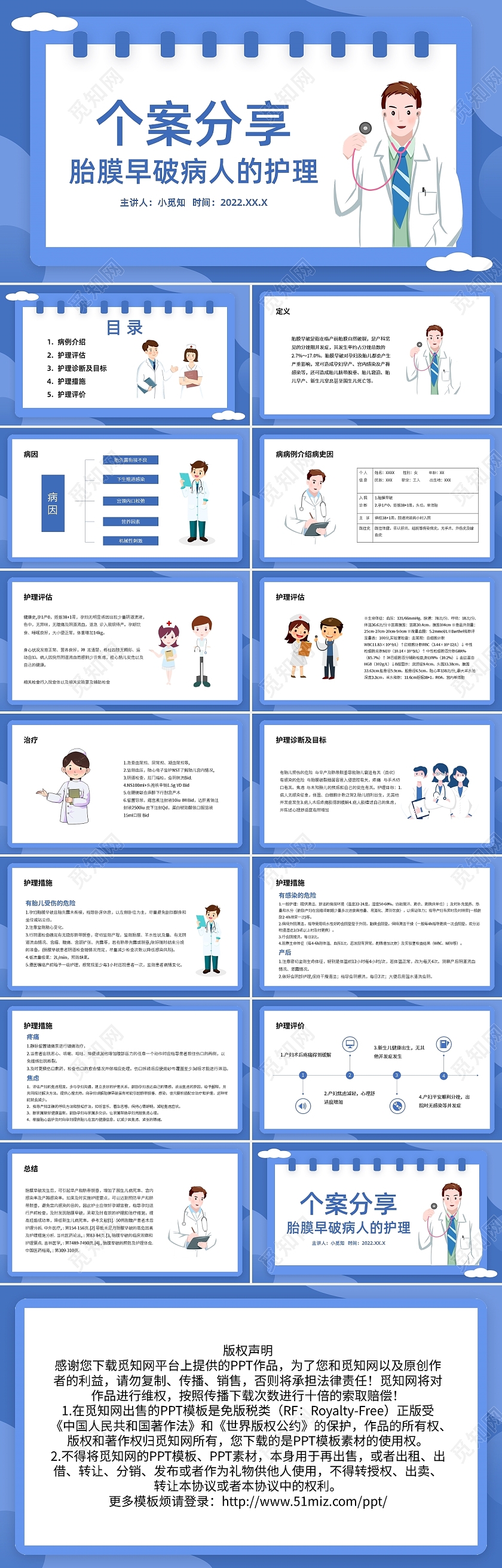 蓝色简约胎膜早破病人的护理个案PPT模板宣传PPT动态PPT