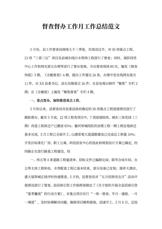 督查督办工作月工作总结范文