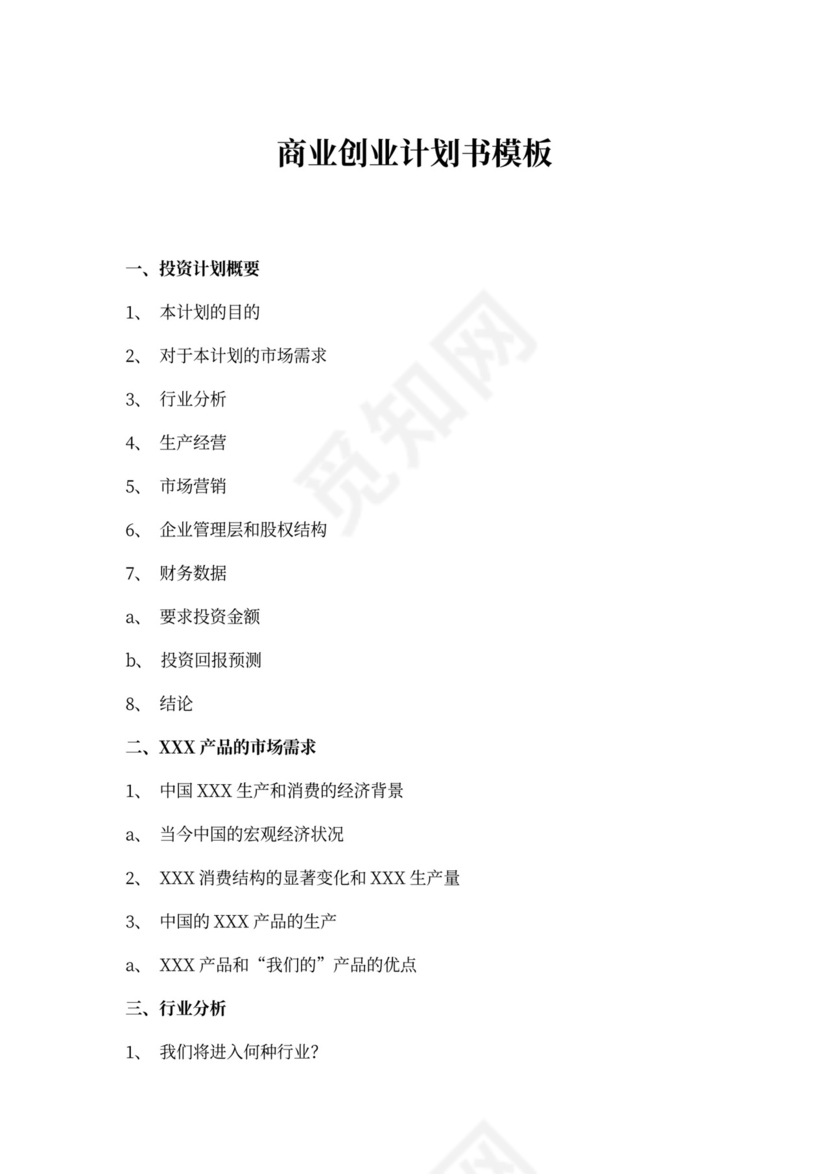 商业创业计划书模板