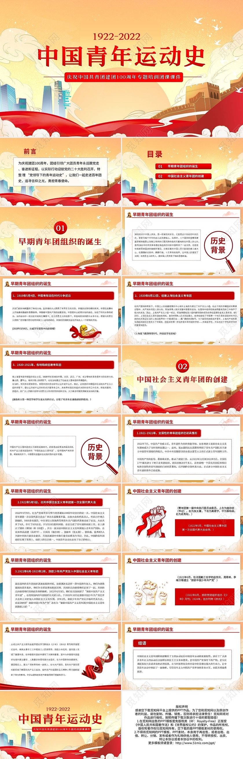 红色简约共青团建团100周年团课PPT模板宣传PPT动态PP