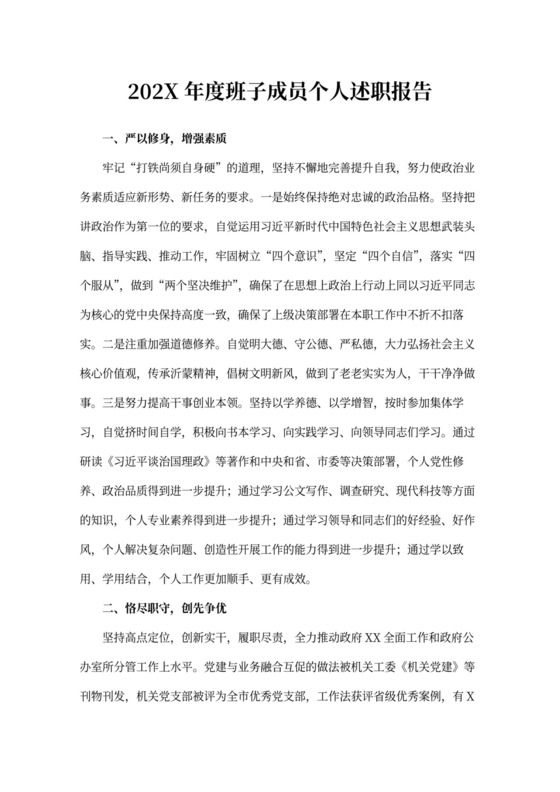 20XX年度班子成员个人述职报告