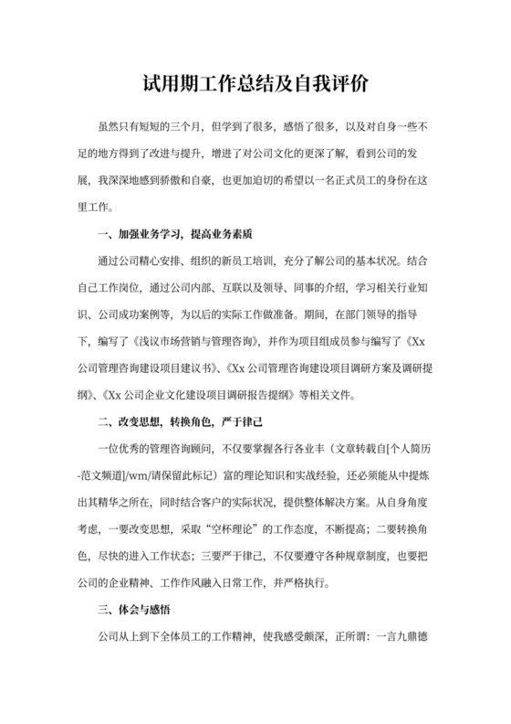 试用期工作总结及自我评价