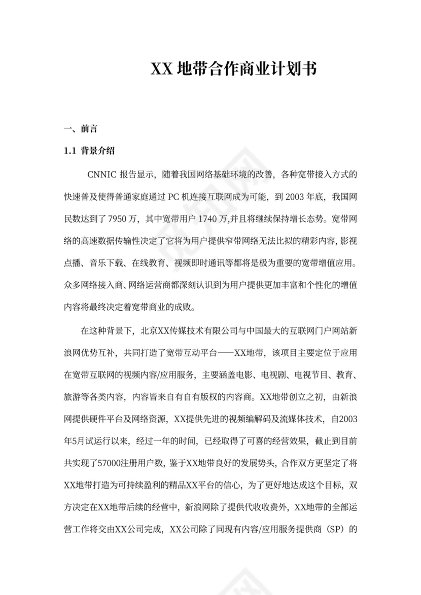 XX地带合作商业计划书