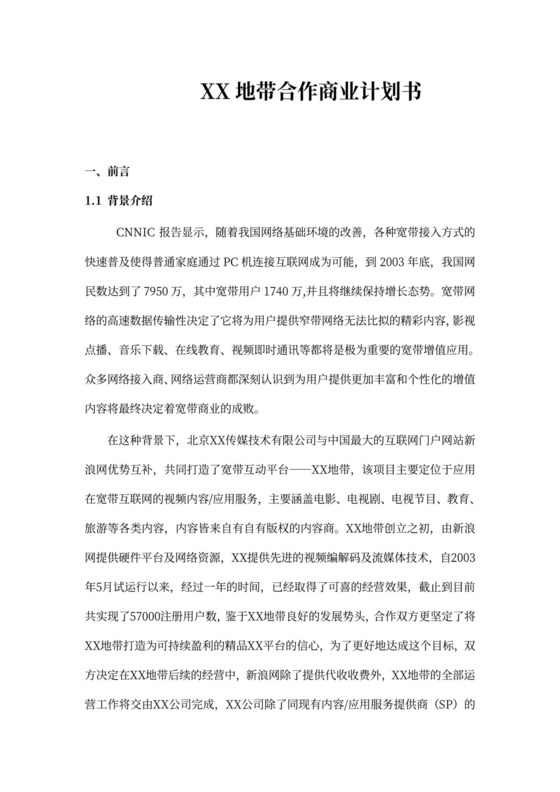 XX地带合作商业计划书