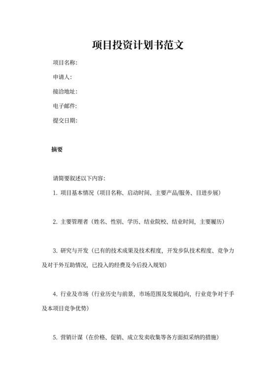 项目投资计划书模板word