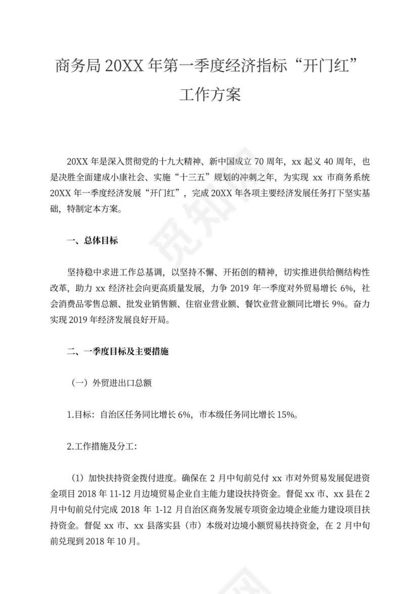 商务局20XX年第一季度经济指标“开门红”工作方案