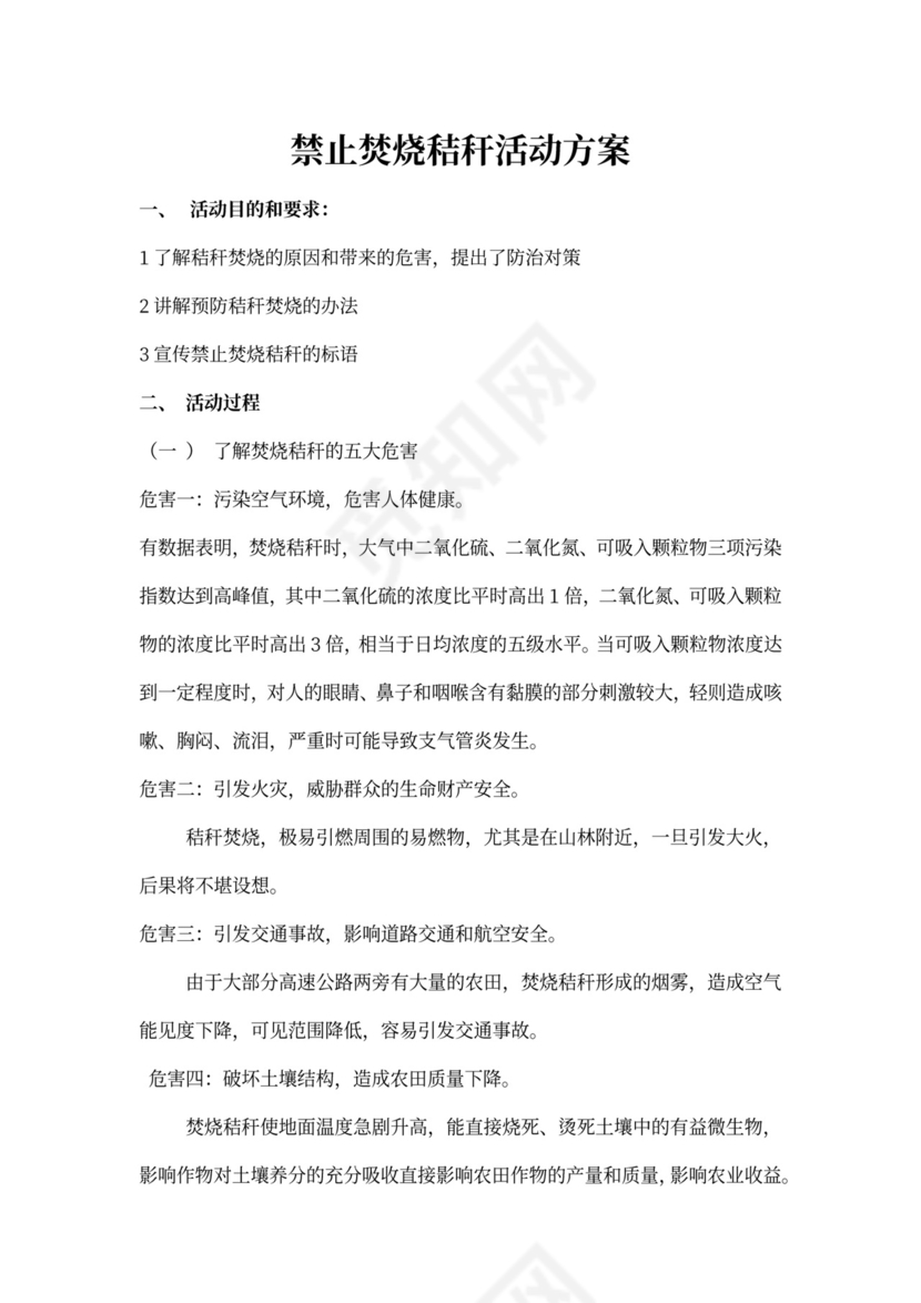 禁止焚烧秸秆活动方案