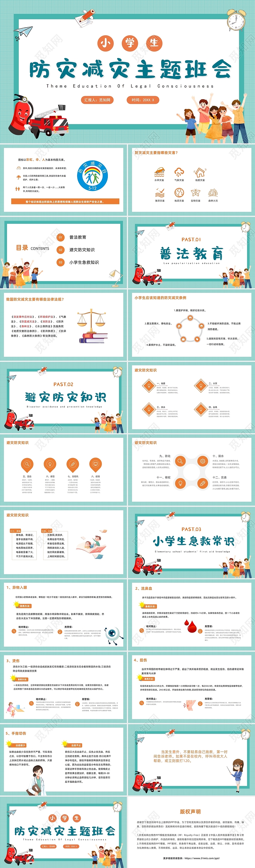 绿色卡通风小学生防灾减灾主题班会防震减灾PPT
