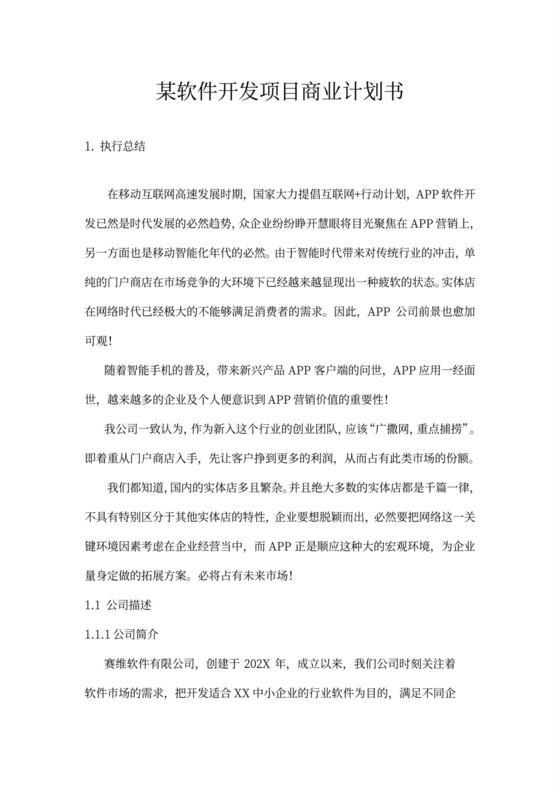 某软件开发项目商业计划书