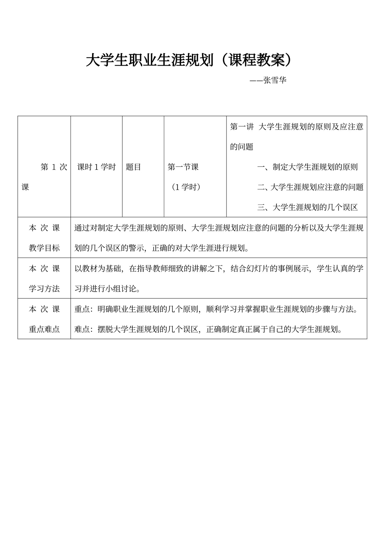 大学生职业生涯规划(课程教案)新