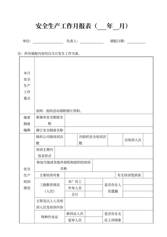 安全生产工作月报表