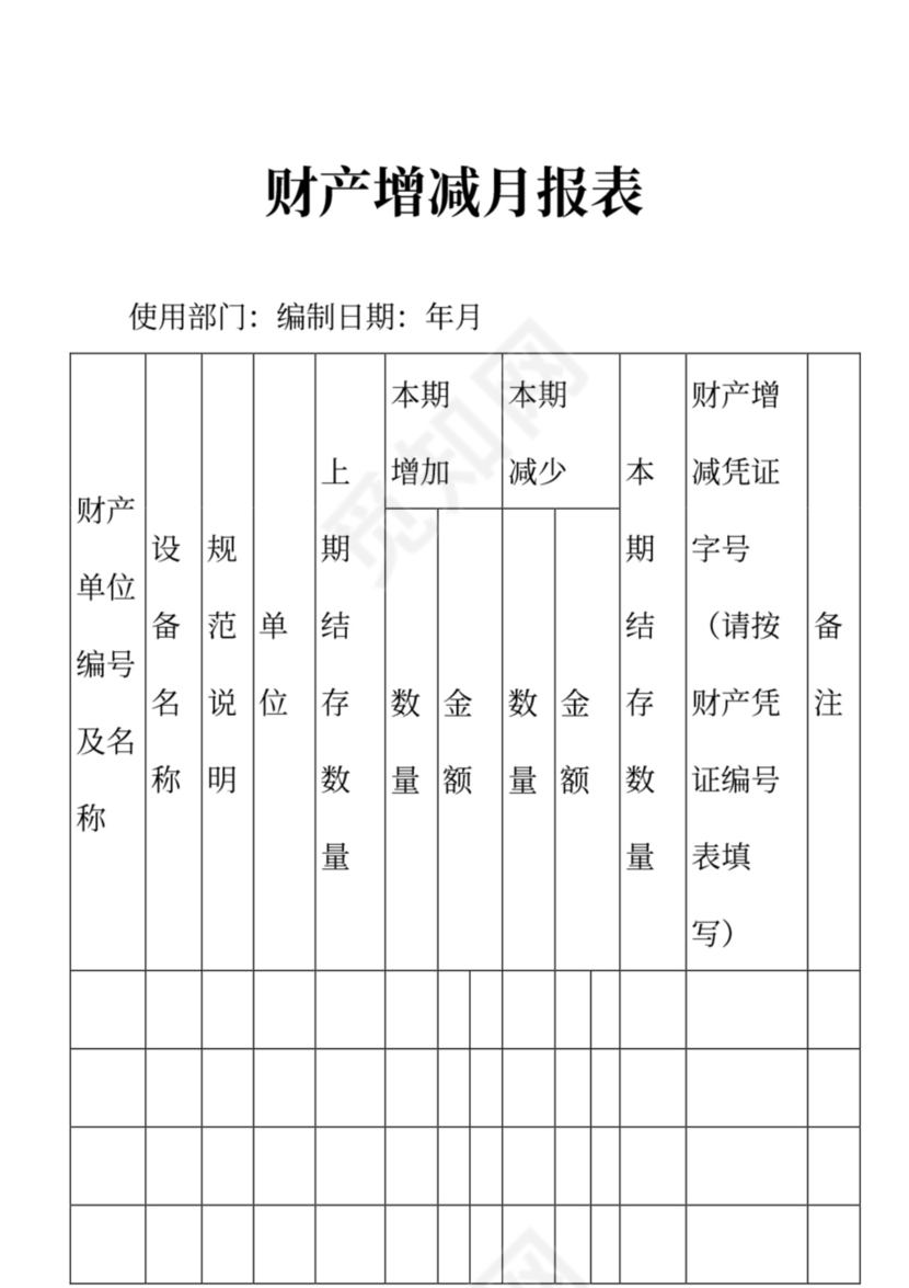 固定资产增减月报表