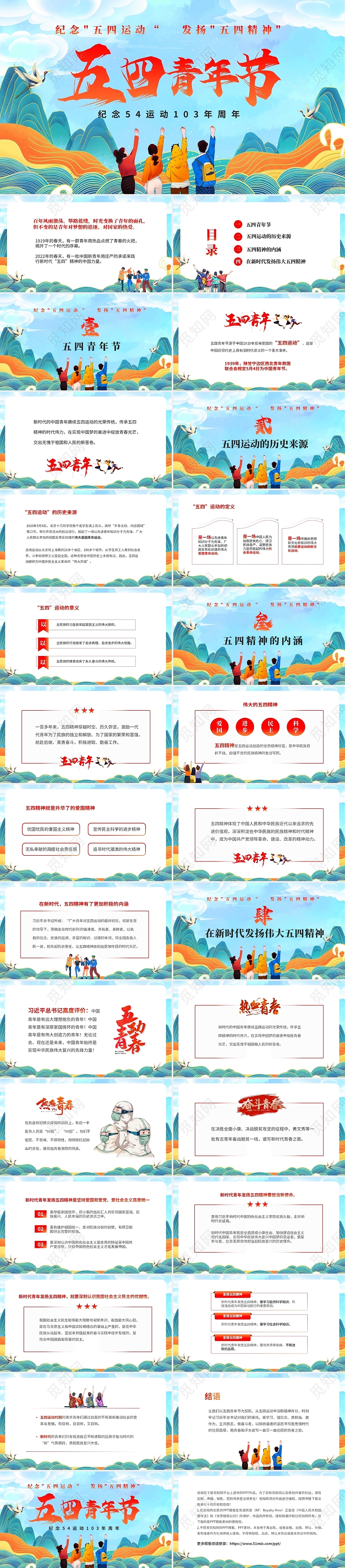 绿色国潮风励志纪念五四运会五四青年节介绍PPT