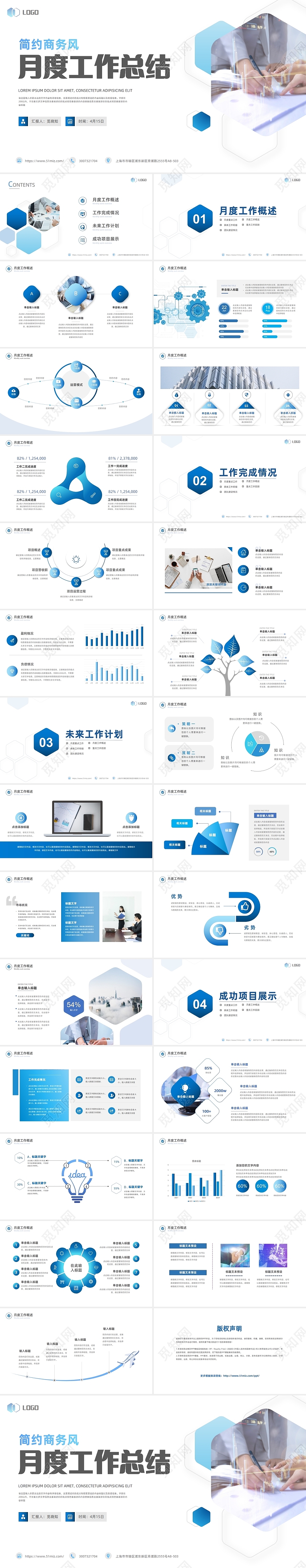 蓝色简约商务风月度工作总结工作汇报工作报告PPT模板