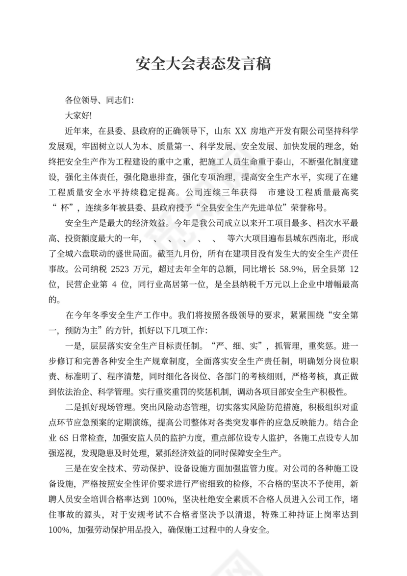 安全大会表态发言稿