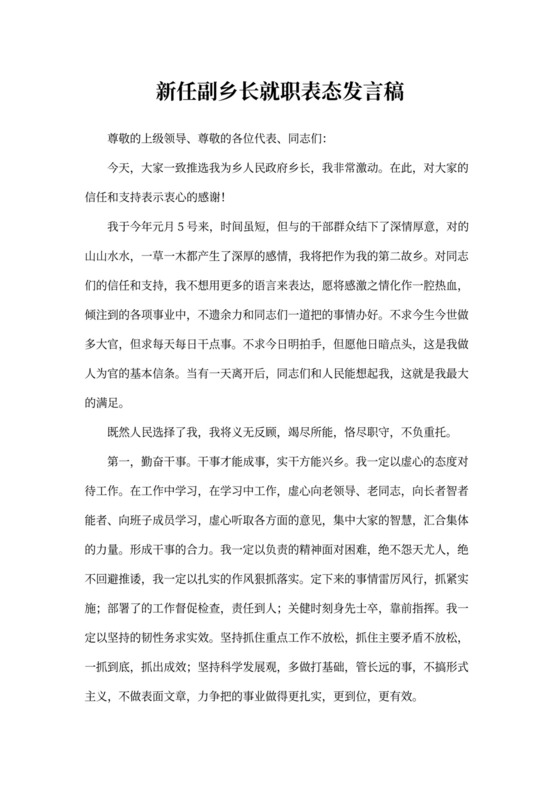 任副乡长就职表态发言稿