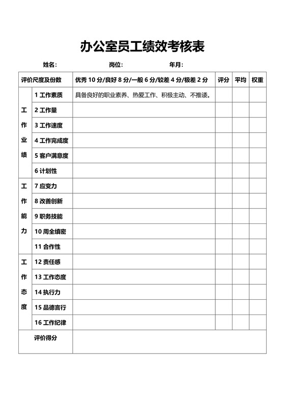 办公室员工绩效考核表