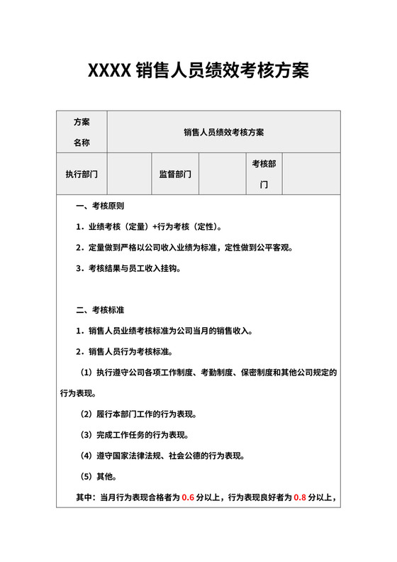 业务人员绩效考核指标